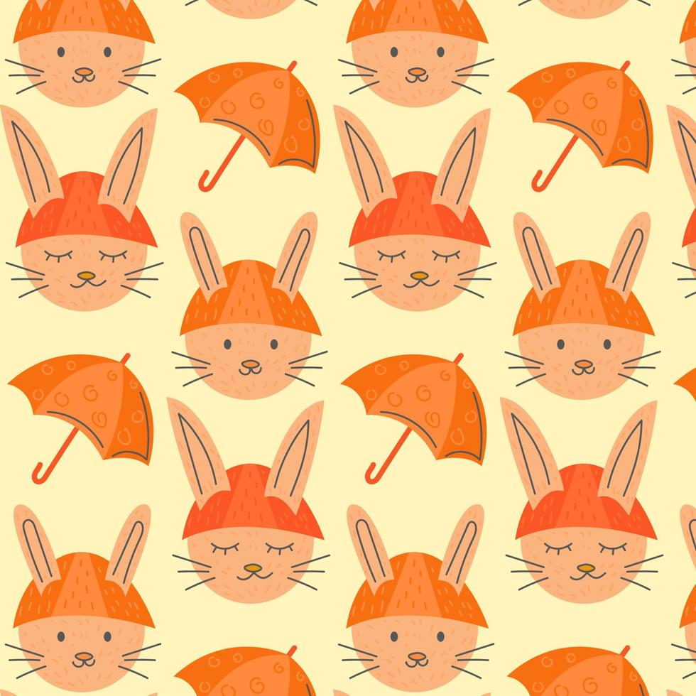 Autumn seamless pattern with cute rabbits in a hat and umbrella yellow background . Vector illustration