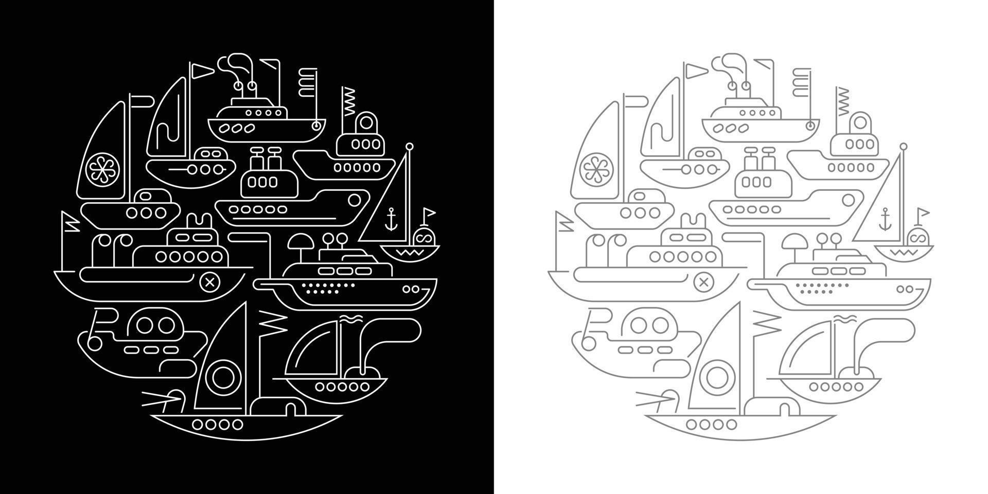 barcos y yates diseños de arte de línea de forma redonda vector