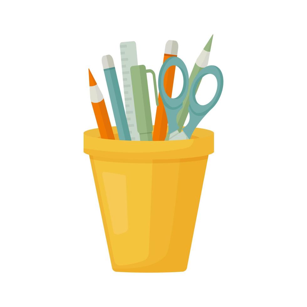 stand with pens, pencils, scissors and ruler vector