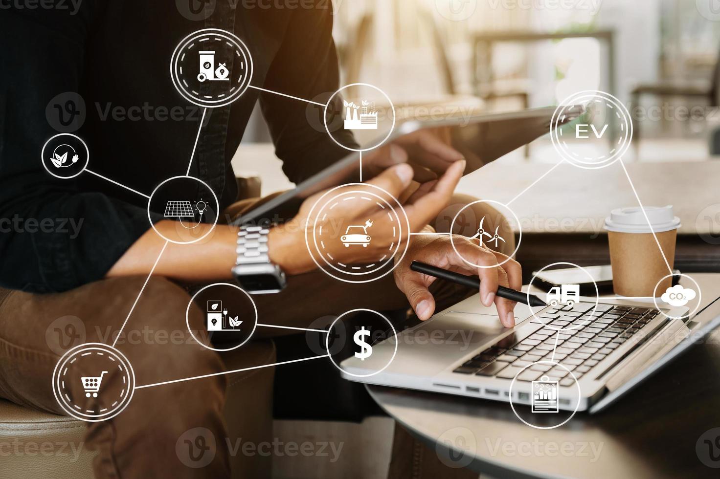 Business working with reduce CO2 concept with icons, global warming such as reforest green factory recycle and zero carbon dioxide emission concept. with VR icon at office photo