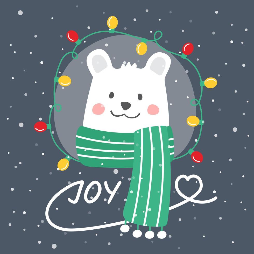 White bear in a green scarf. Christmas illustration with a glowing garland and snow. A greeting card. vector