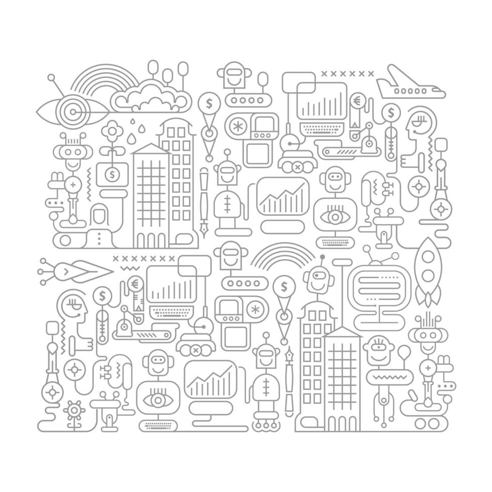 Robot City doodle line art vector