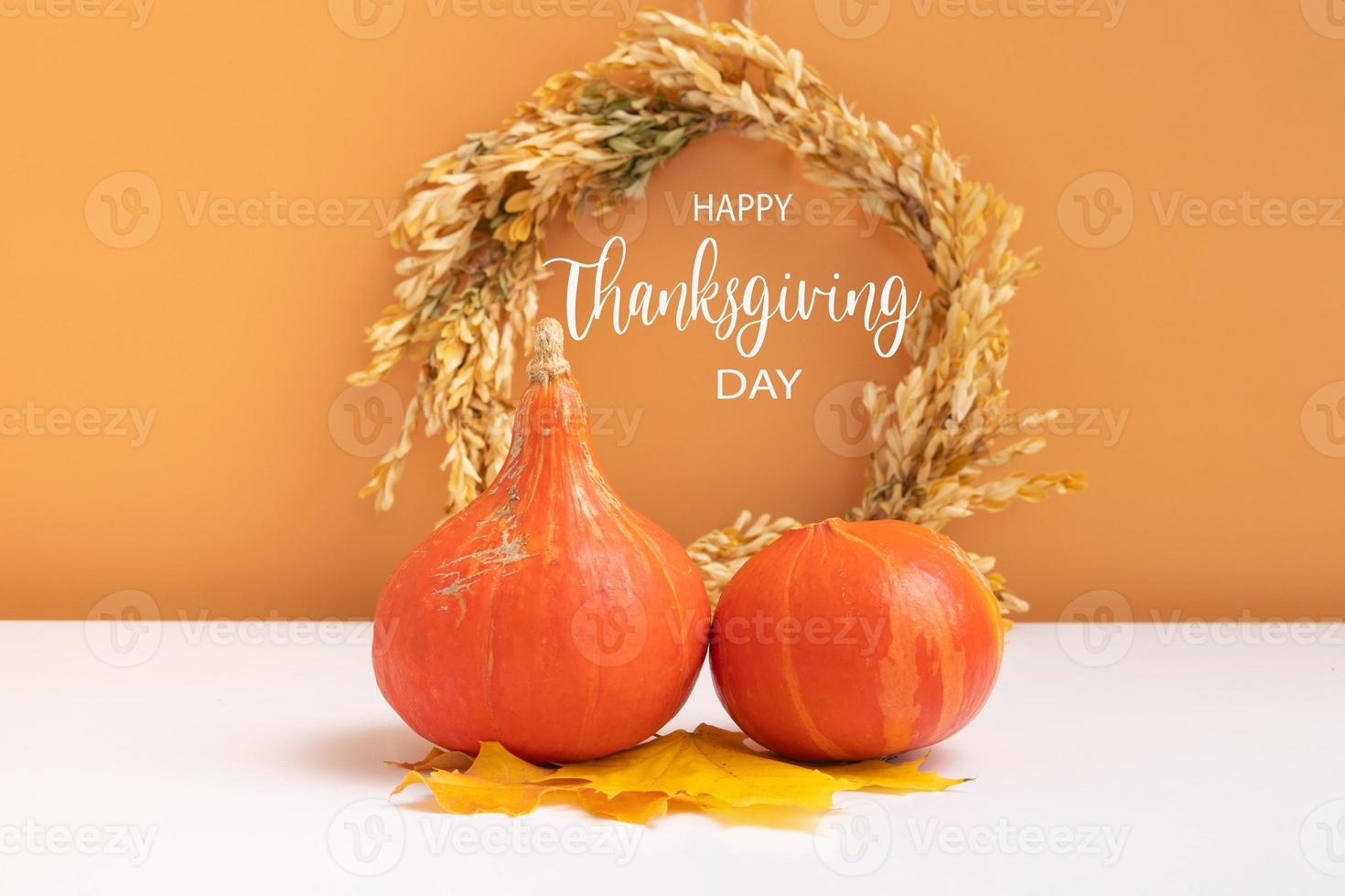 Happy Thanksgiving Day text message with collection of autumn pumpkins with wreath on white orange background. Greeting card photo