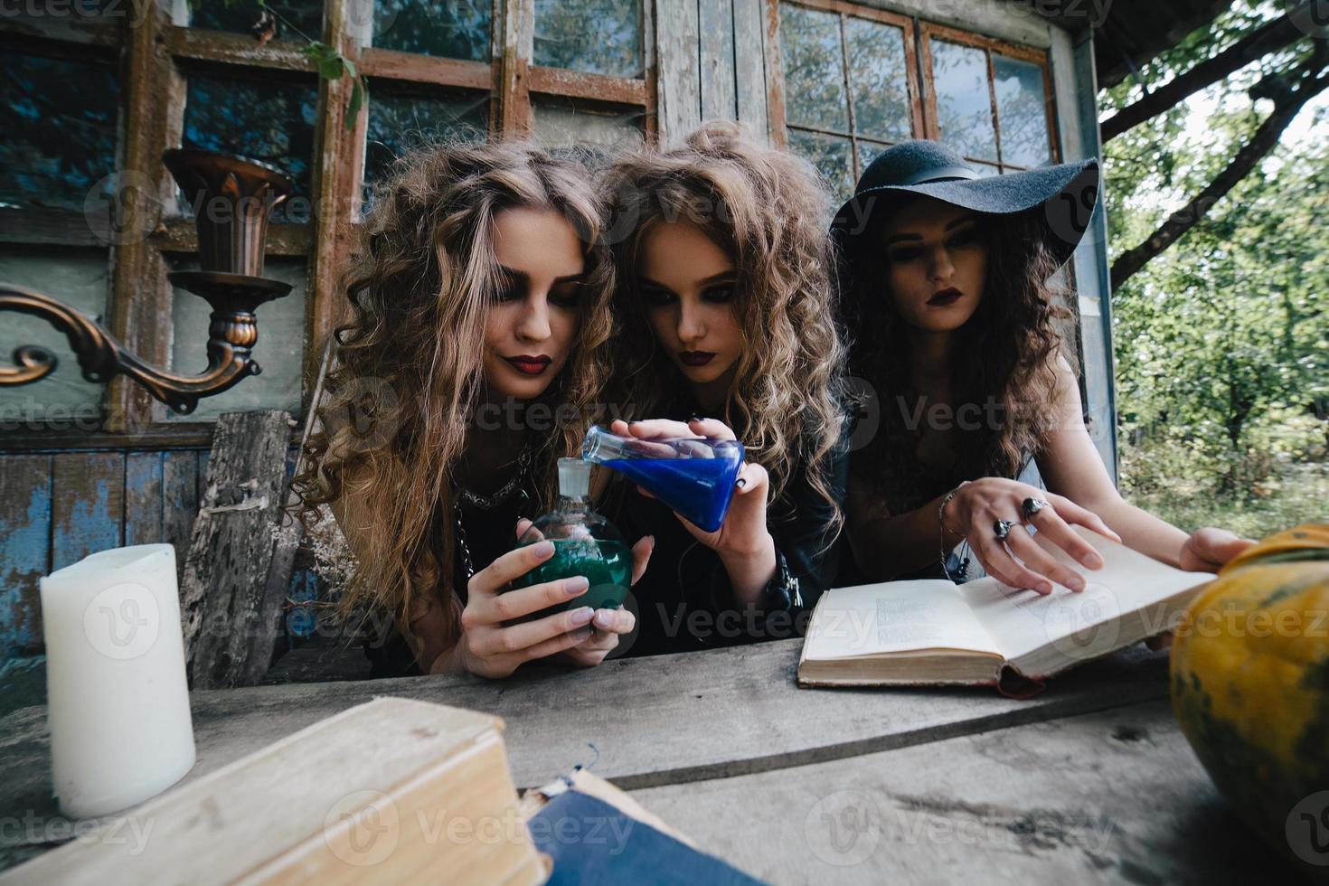 Three vintage witches perform magic ritual photo