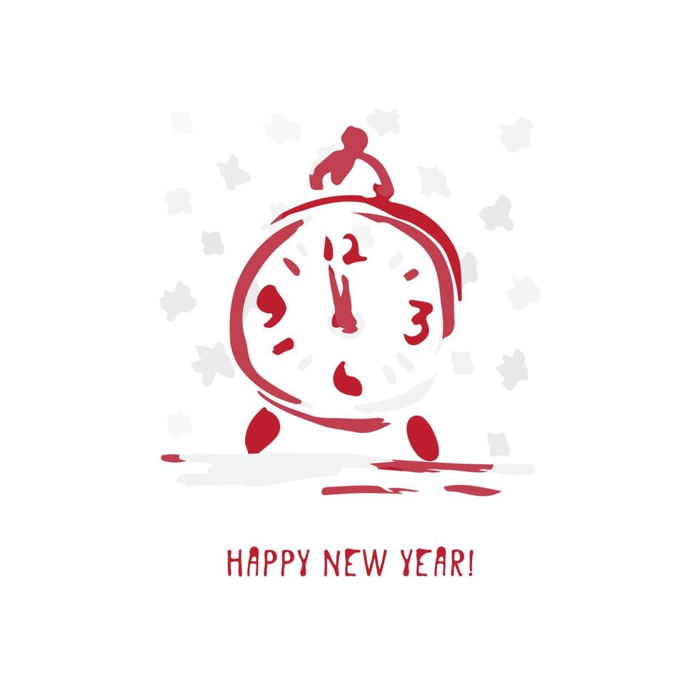 tarjeta festiva de navidad y año nuevo dibujada a mano con reloj de símbolos de vacaciones e inscripción de saludo caligráfico vector