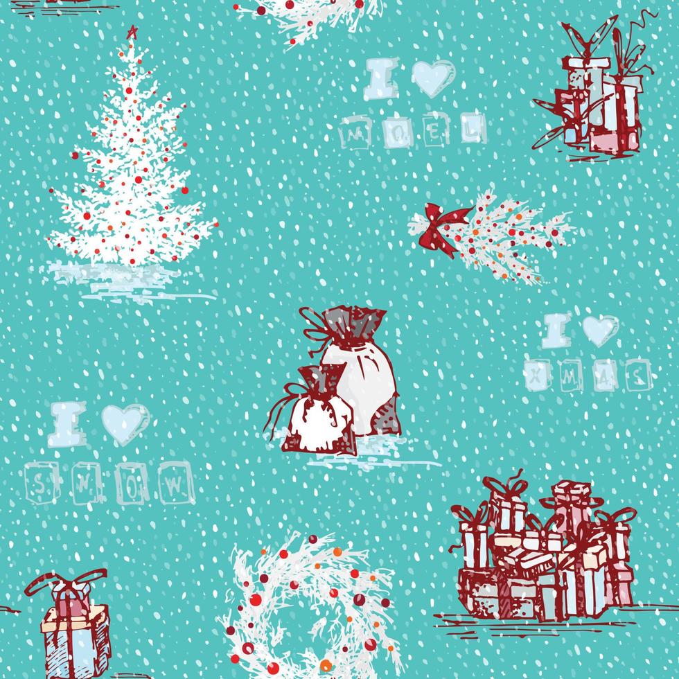 Vintage seamless Merry christmas pattern in hand drawn style on green background. Gift holiday winter line icon vector