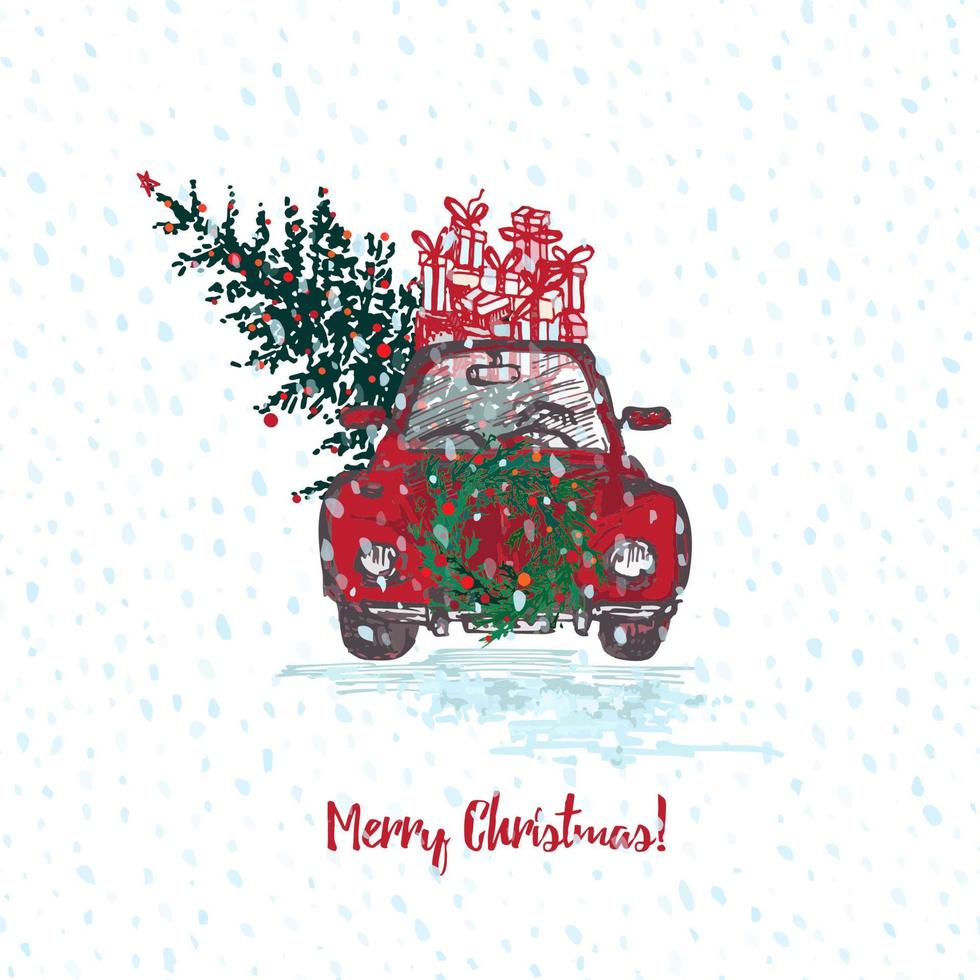 tarjeta navideña festiva. coche rojo con abeto decorado con bolas rojas y regalos en el techo. fondo blanco cubierto de nieve y texto feliz navidad vector