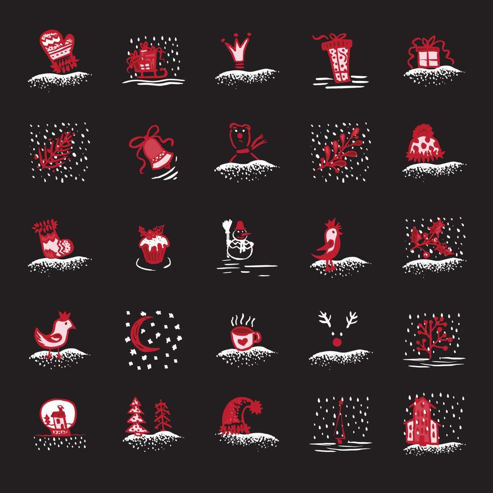 Holiday hand drawn sketch Christmas and New Year set icons isolated on black background vector
