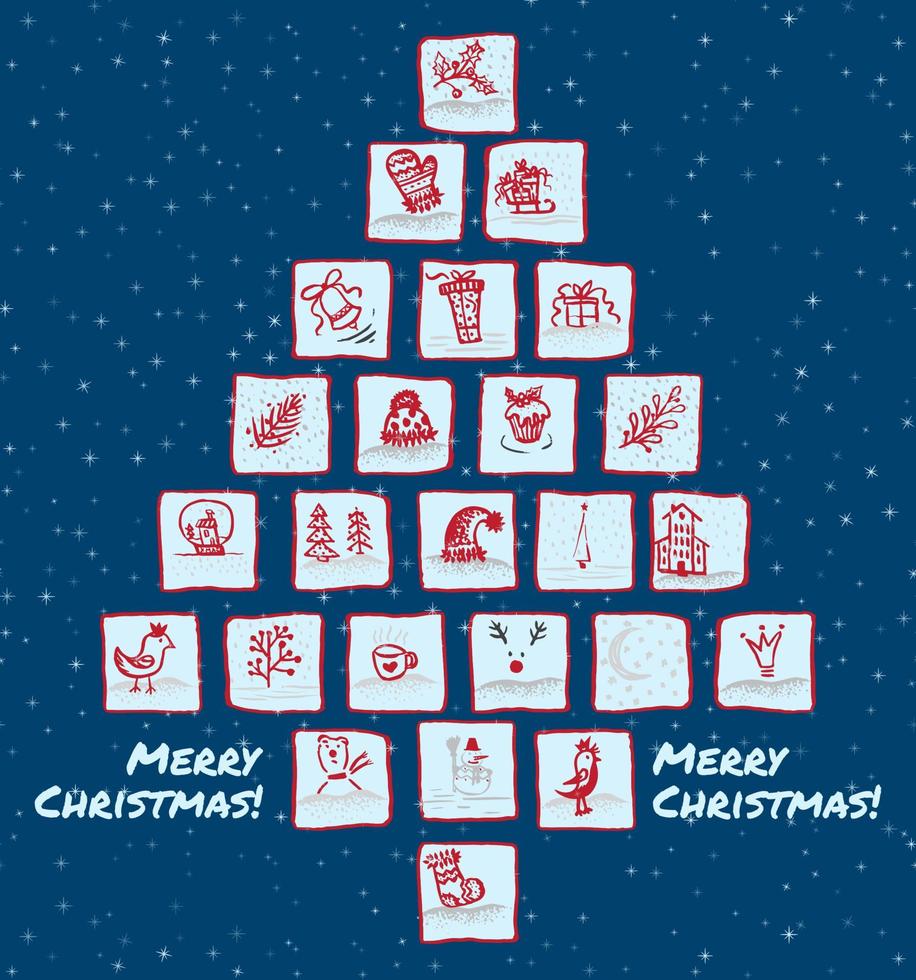 Holiday hand drawn sketch Christmas and New Year greeting card. Set icons vector