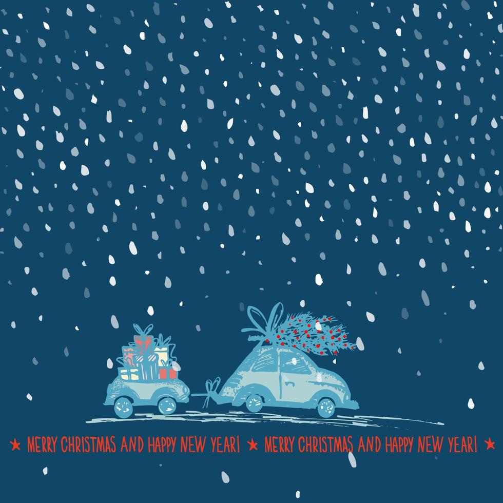 Greeting card with Christmas tree on car roof and car trailer with xmas gifts vector