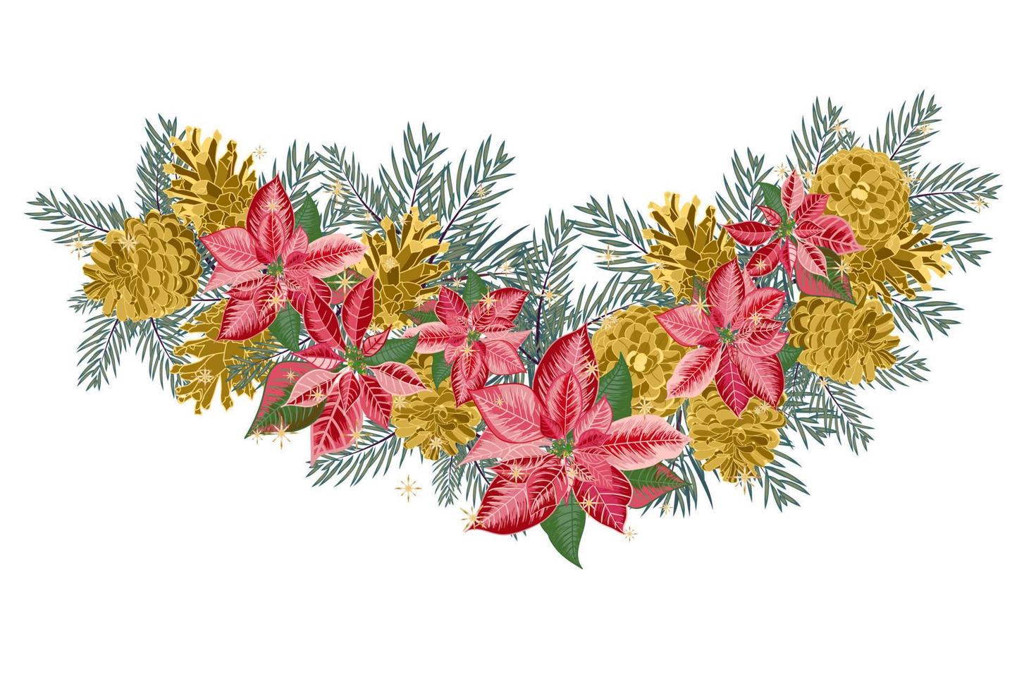 guirnalda navideña vintage con piñas doradas y poinsettia rosa aisladas en fondo blanco vector