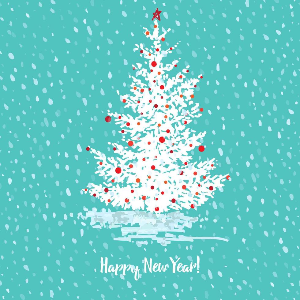 Festive New Year card. Fir tree with red balls on green blue snowy seamless background and text Happy New Year vector