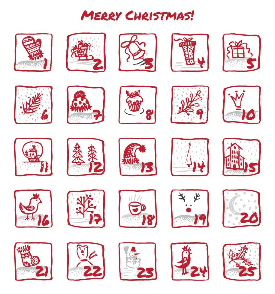 Advent Calendar 25 days of Christmas. Set icons are drawn by hand, ink, brush vector