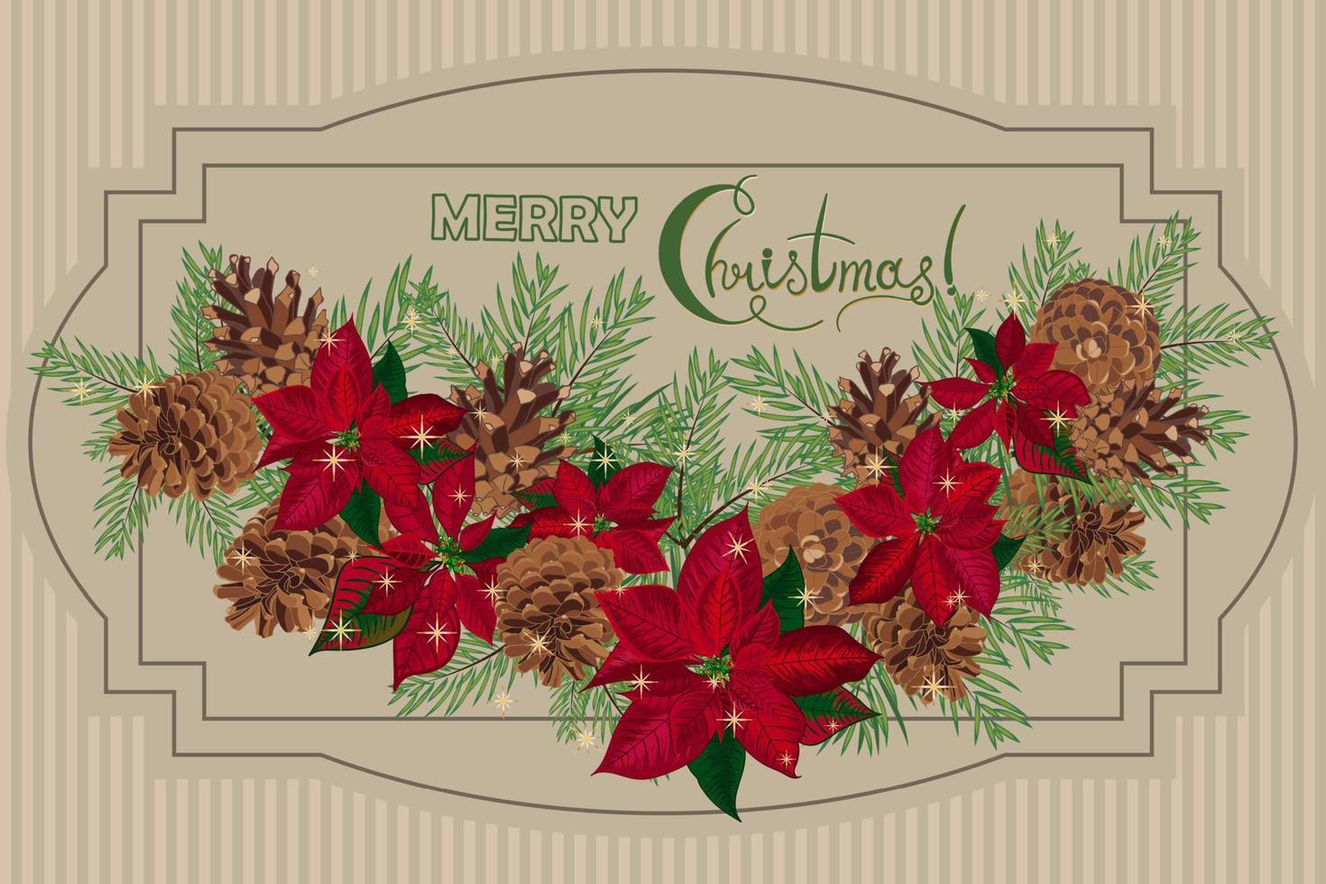 tarjeta de navidad vintage con garlandof piñas y poinsettia vector