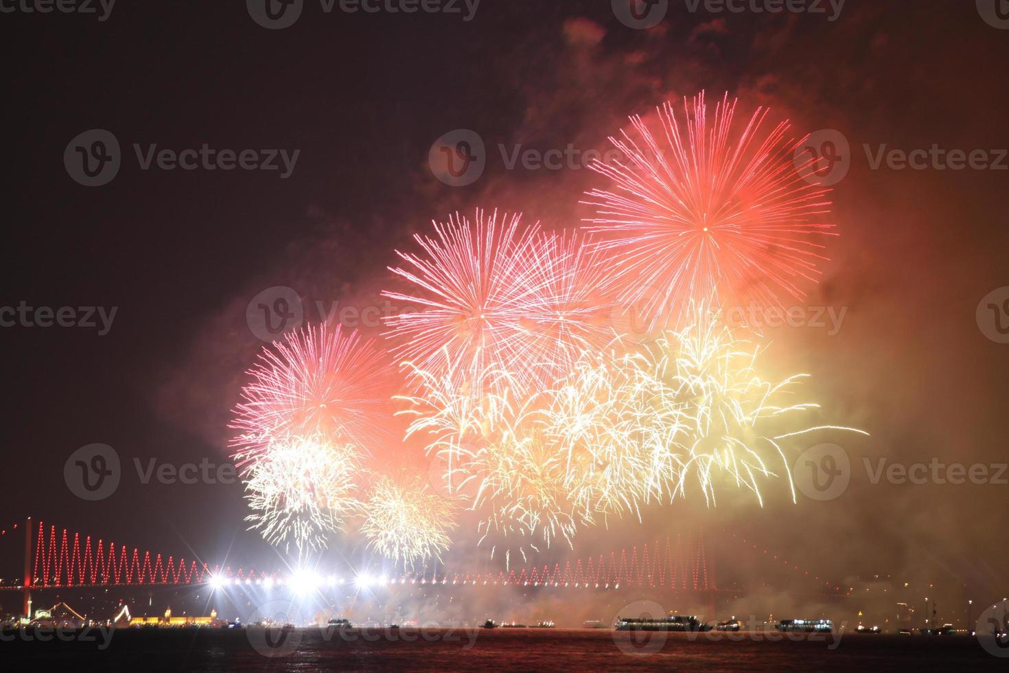 Fireworks over Bosphorus Strait, Istanbul, Turkey photo