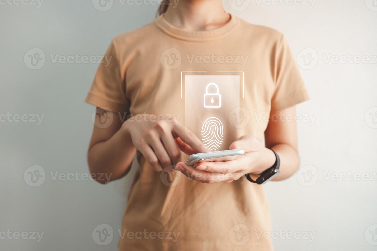 Verification of information with finger print by smart phone, Internet security, online financial transaction, 2-step verification, confirm transaction and identity. photo
