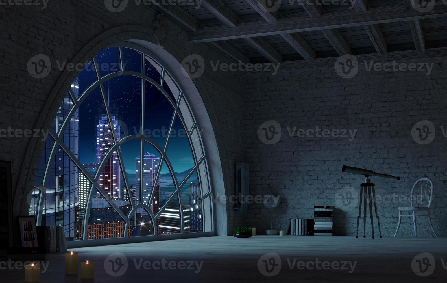 Loft style attic interior huge arched window photo