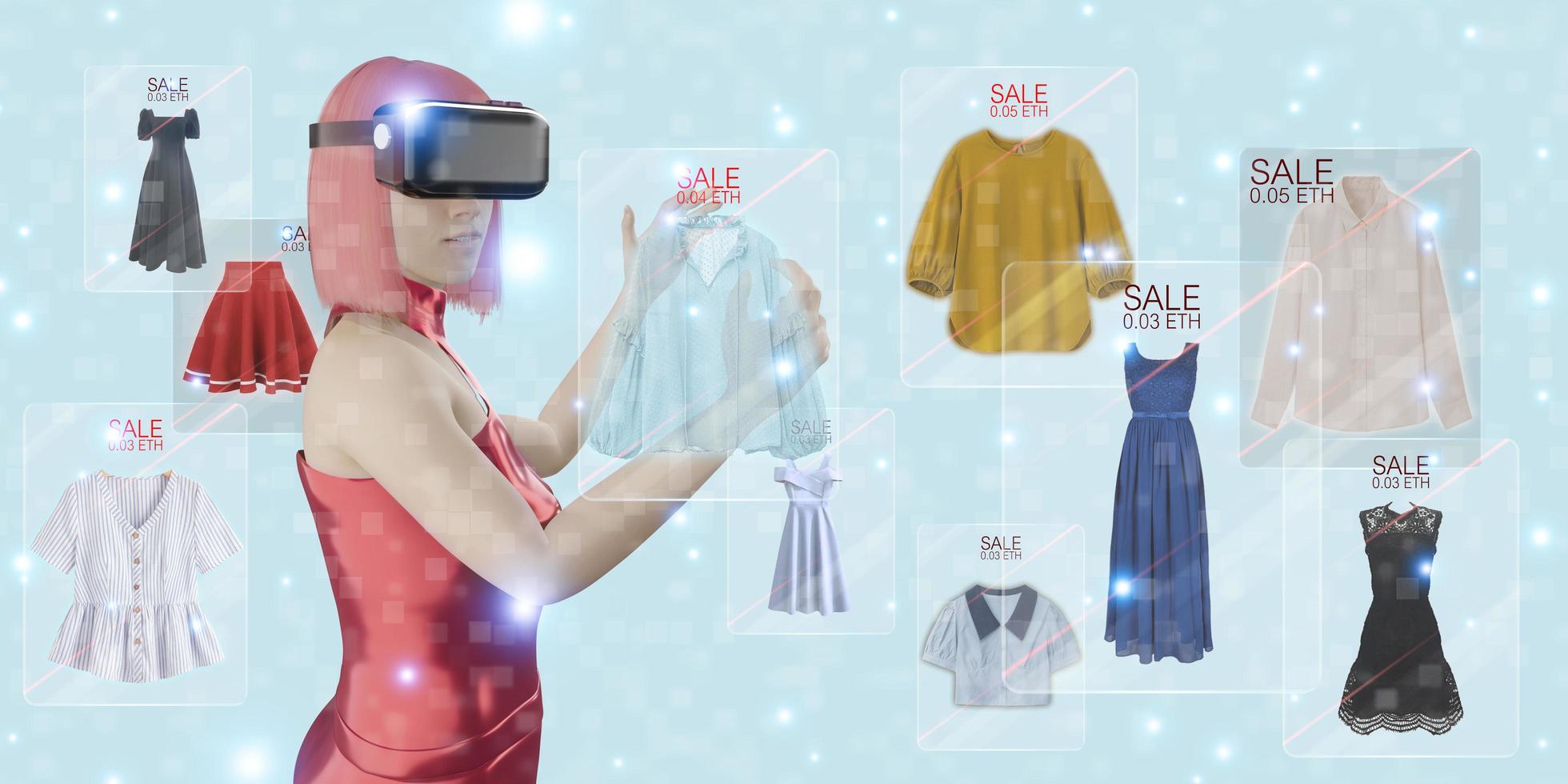 compras en línea y auriculares vr metaverso ropa de mujer y compras de camisas a través de gafas vr ilustración 3d foto