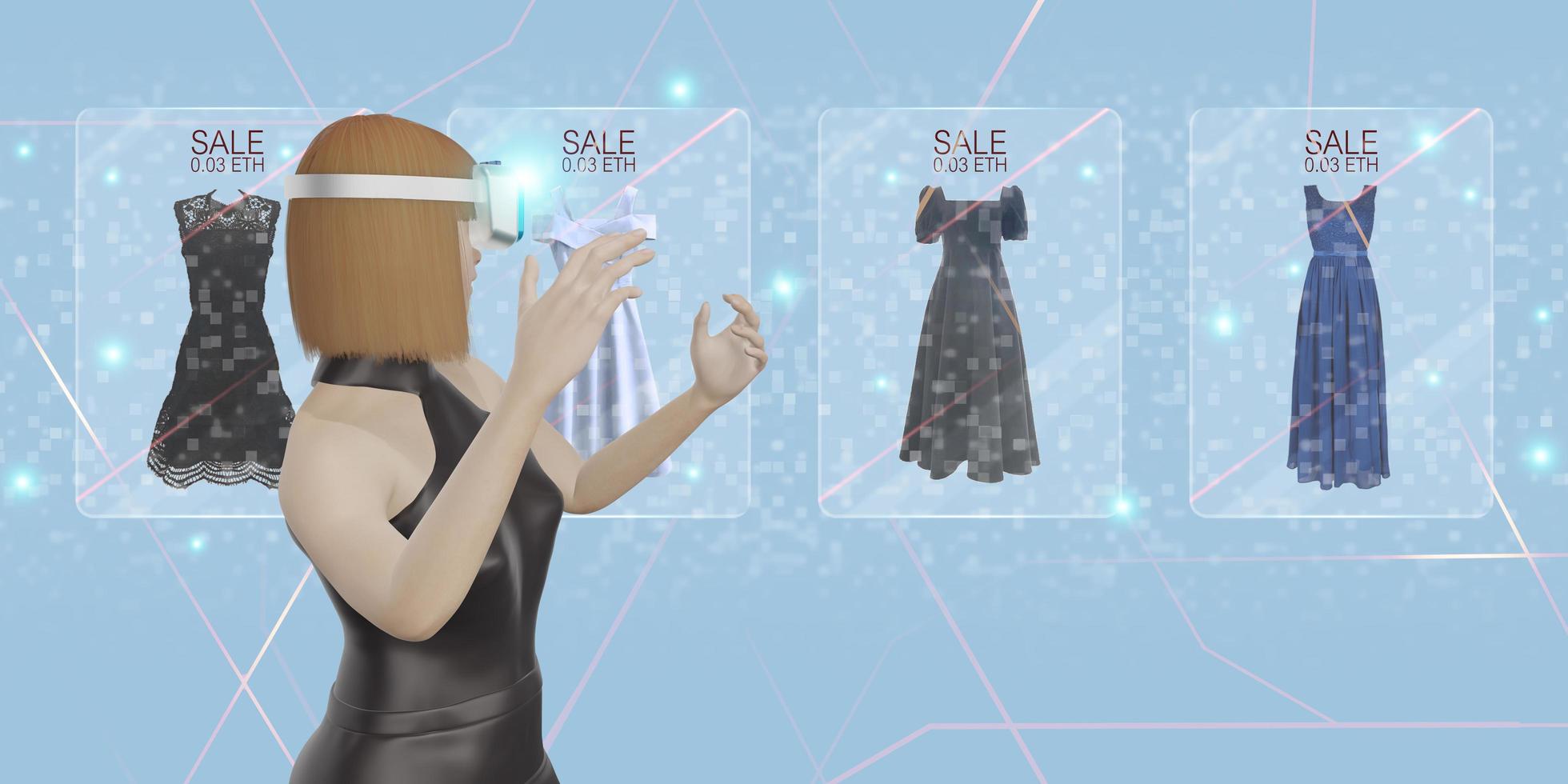Online shopping and VR headset  Metaverse women clothing and shirt shopping through vr goggles 3D illustration photo