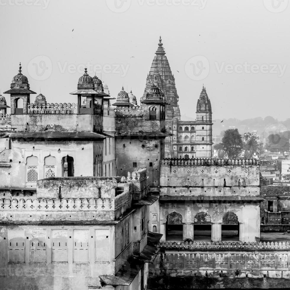 Jahangir Mahal Orchha Fort in Orchha, Madhya Pradesh, India, Jahangir Mahal or Orchha Palace is citadel and garrison located in Orchha. Madhya Pradesh. India, India Archaeological Site Black and White photo