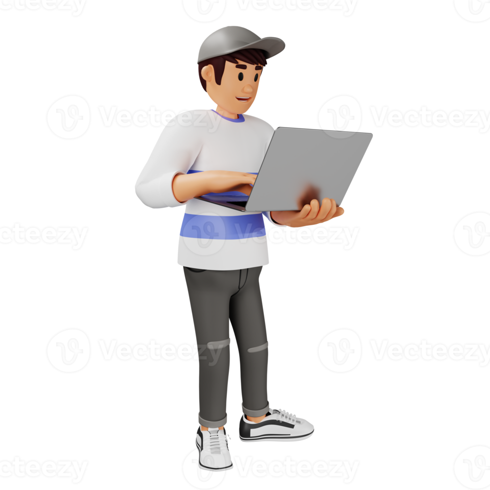 Young man in hat walking with laptop 3d character illustration png