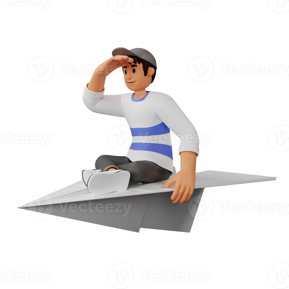 Young man in hat sitting on a giant paper plane 3d character illustration png