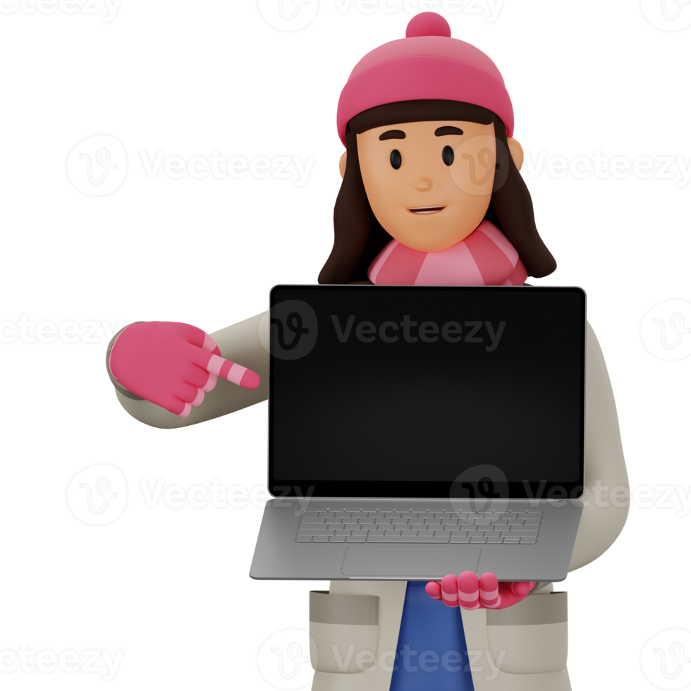 Young woman holding laptop 3d cartoon character illustration png