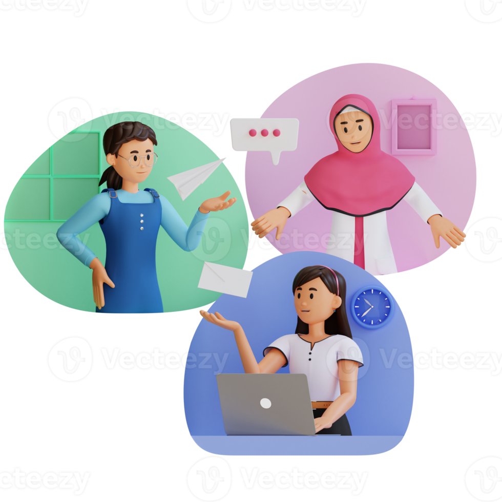 Three young women communicating via message 3d character illustration png