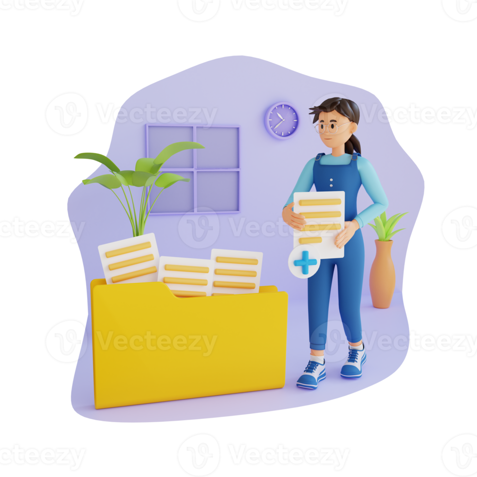 Young woman is saving files in a folder 3d character illustration png