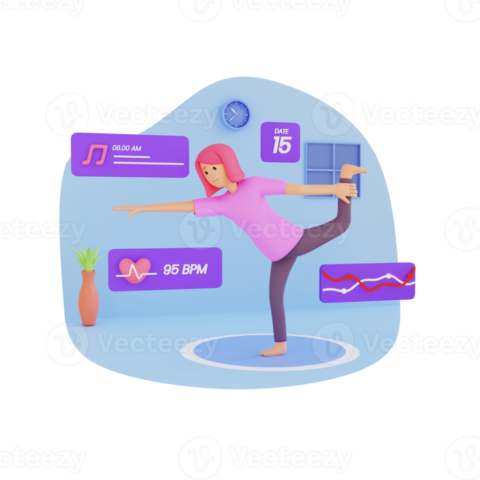 Young woman doing yoga exercise at home, 3d character illustration png