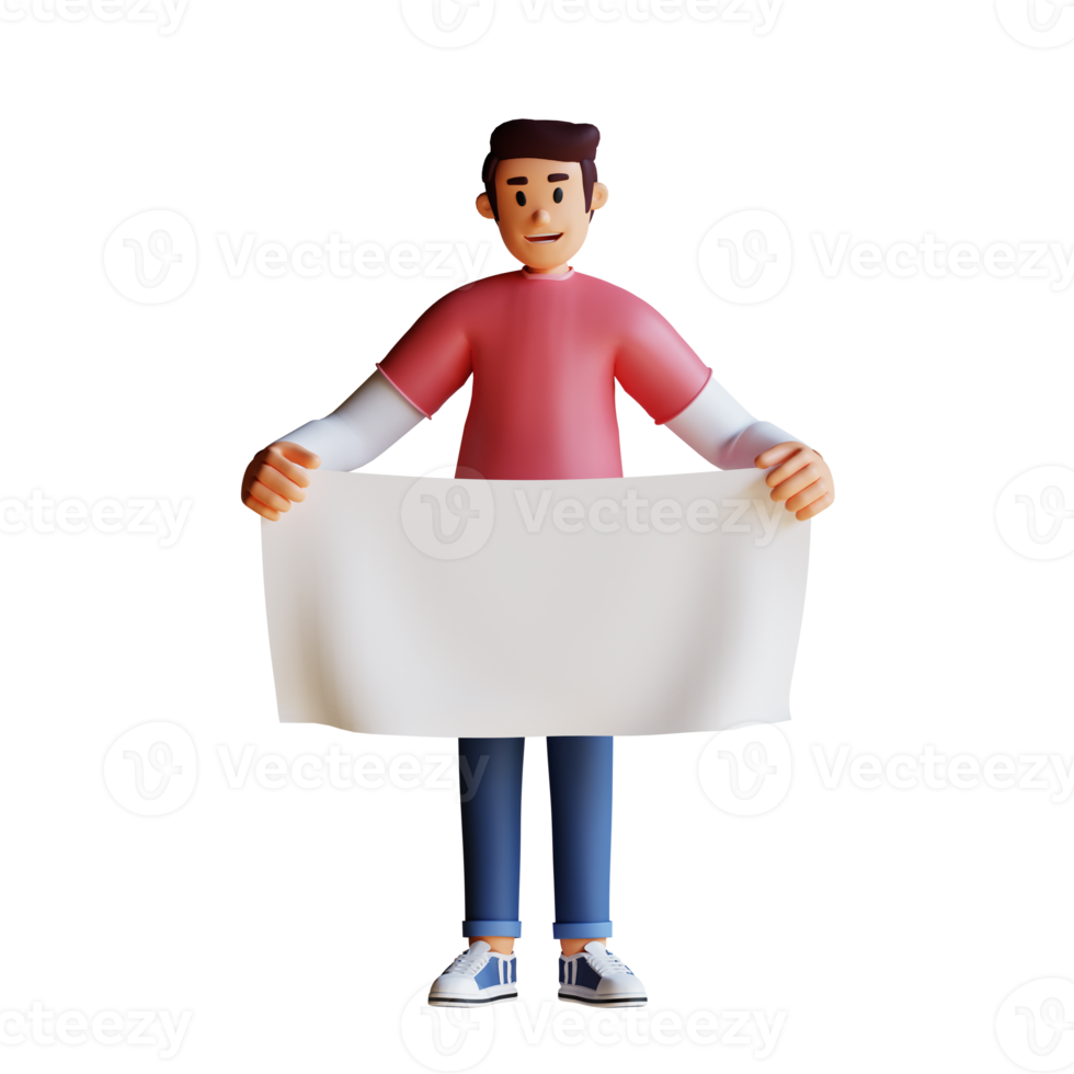 young man holding blank white banner, 3d character illustration png