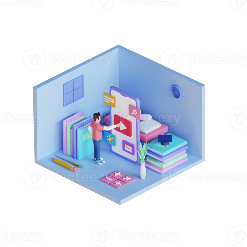young man learning through video 3d character illustration png