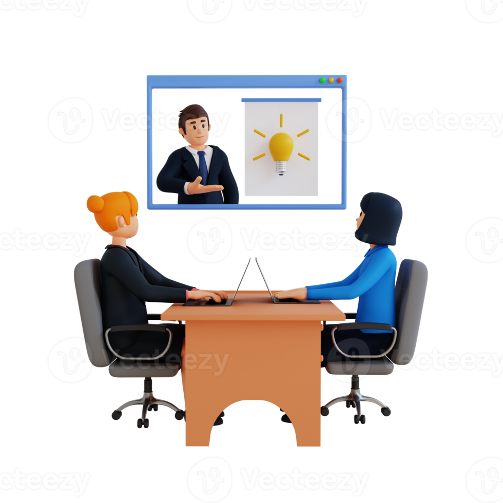 Business woman on a video conference call with colleagues, 3d character illustration png