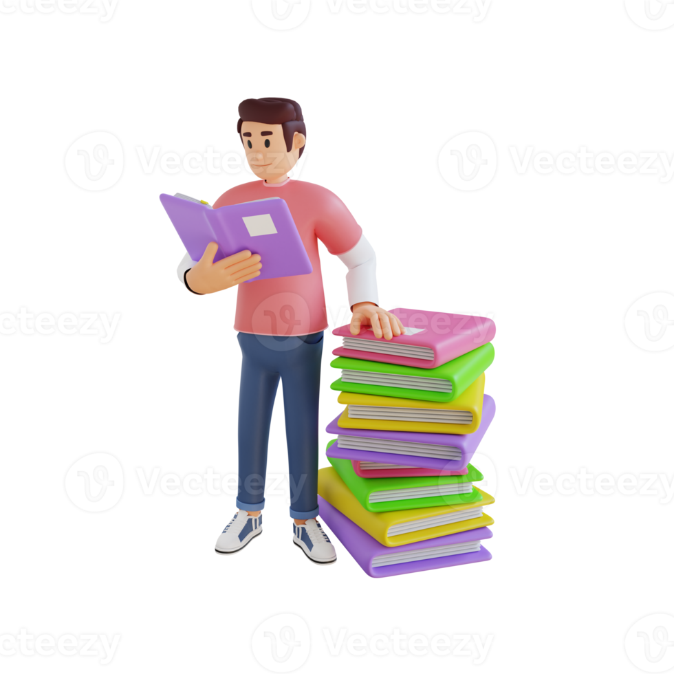 young boy reading a book with stack of books 3D character illustration png