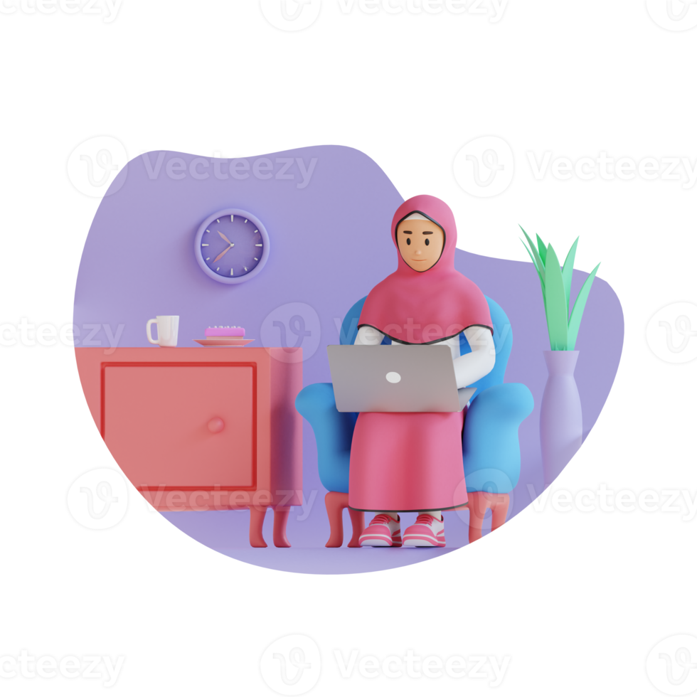 young muslim woman using laptop 3D character illustration png
