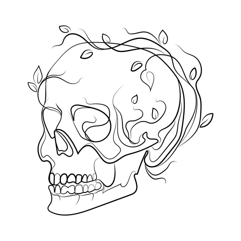 Skull with growing flowers,leaves and plants Line art drawing,Abstract vector illustration.Surreal fantasy idea.Human skull sketch drawing for t-shirt print,tattoo,emblem,logo.Halloween design elemen