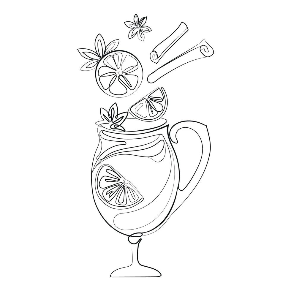 Mulled wine with flying ingredients cinnamon sticks,anise stars and citrus Line art drawing vector illustration.Glass of wine and cinnamon, anise, citrus.Christmas drink.Black and white sketch