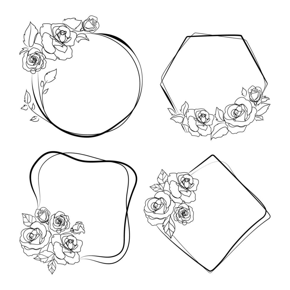 colección de marcos florales de diferentes formas, plantilla de vector de dibujo de arte lineal. marcos de corona con flores de rosas para invitación de boda y tarjetas, diseño de logotipo y plantilla de carteles. Estilo elegante