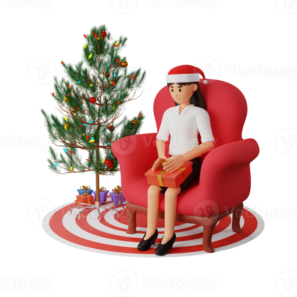 3d female employee sitting character illustration new year christmas party png