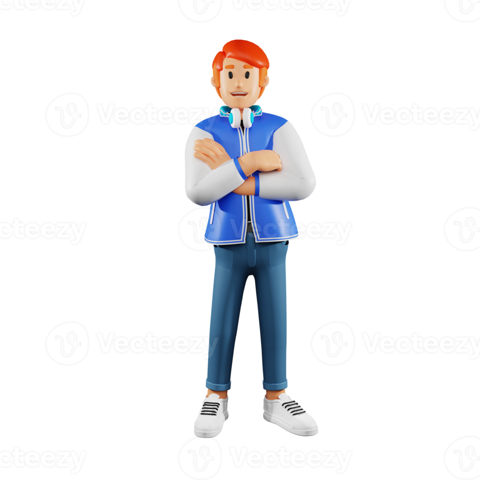 Red hair young people folding arms 3d character illustration png