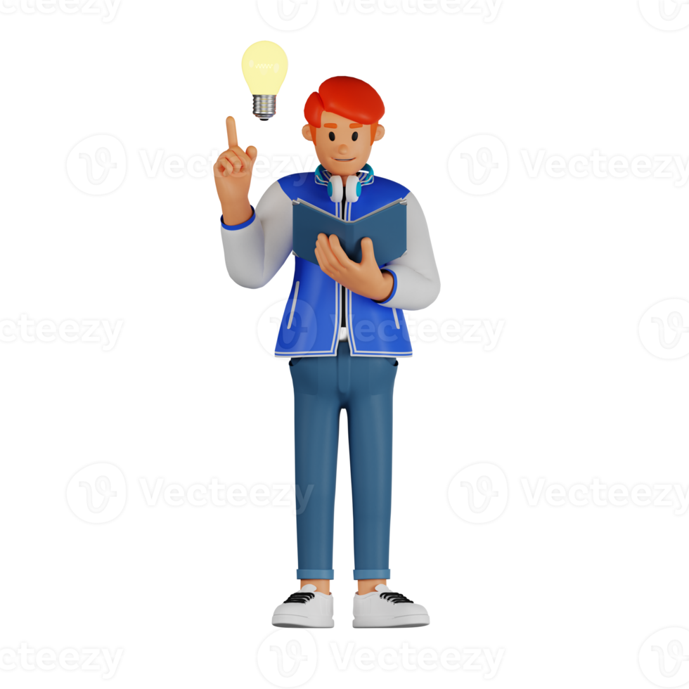 Young man red haired reading a book and coming up with an idea 3d character illustration png