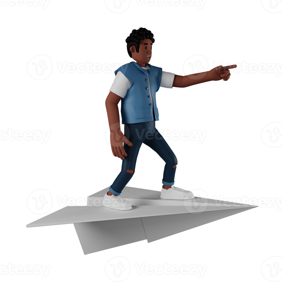 Curly haired young man standing on a giant paper plane 3d character illustration png