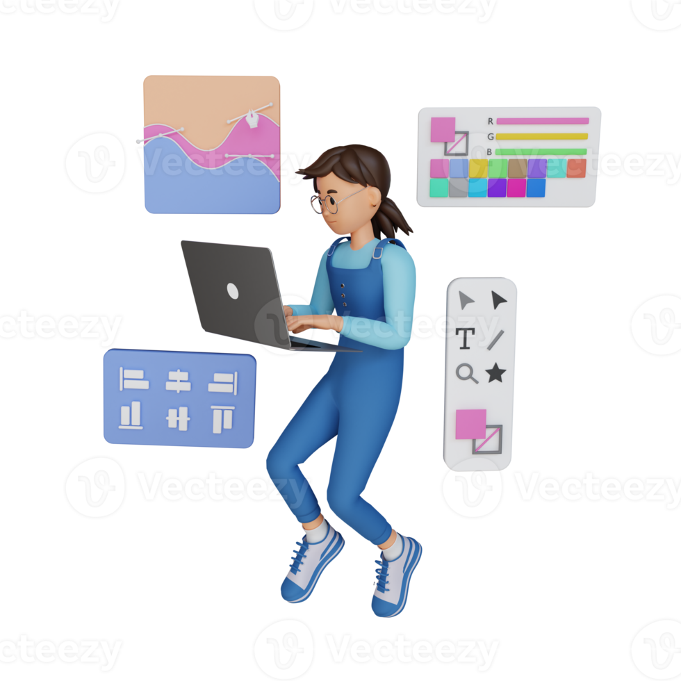 Woman creates pictures for websites and applications, 3d character illustration png