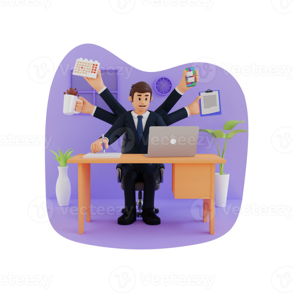 Business people working multitasking 3d character illustration png