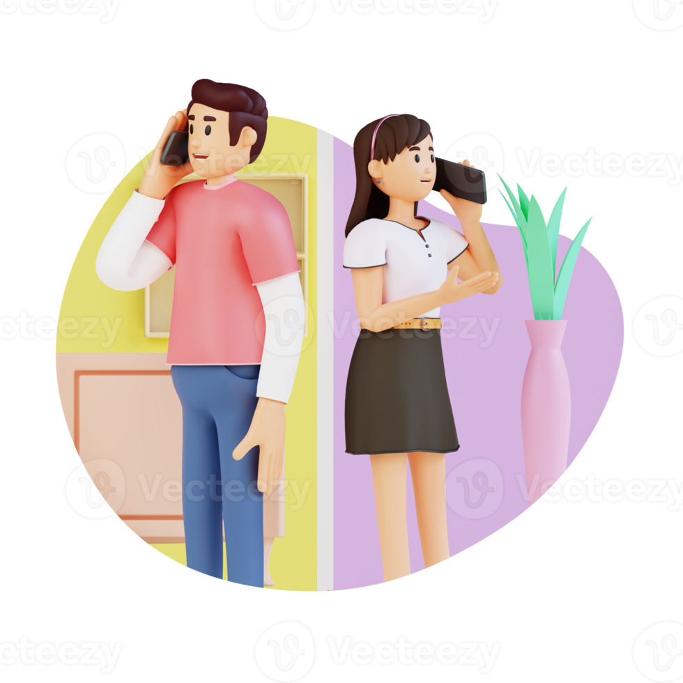 young boy and girl doing phone call conversation 3D character illustration png