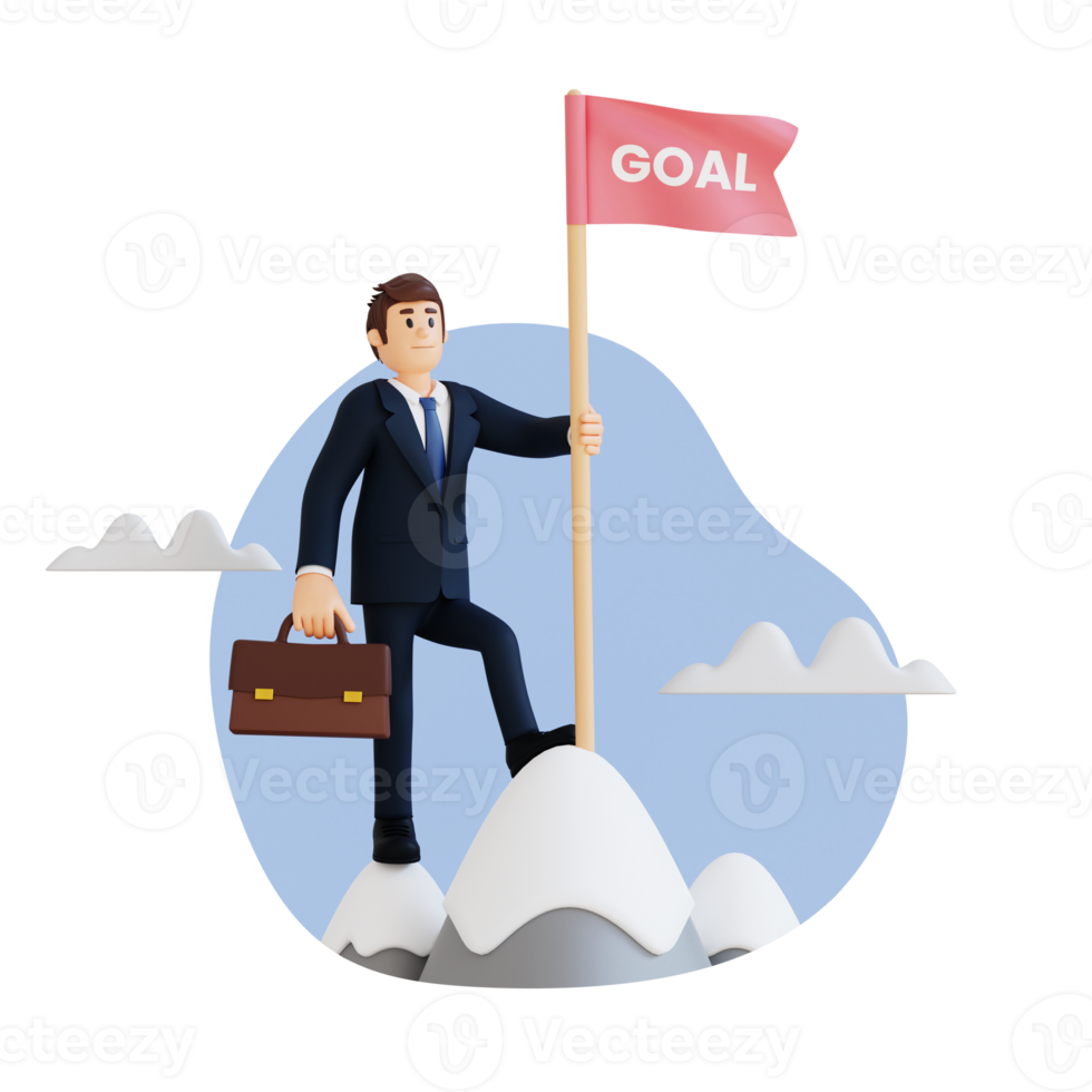 businessman on the top of the mountain holding flag completed the goal achievement 3d character illustration png