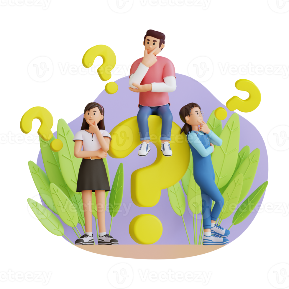 teenagers are standing thinking with a big question mark 3d character illustration png