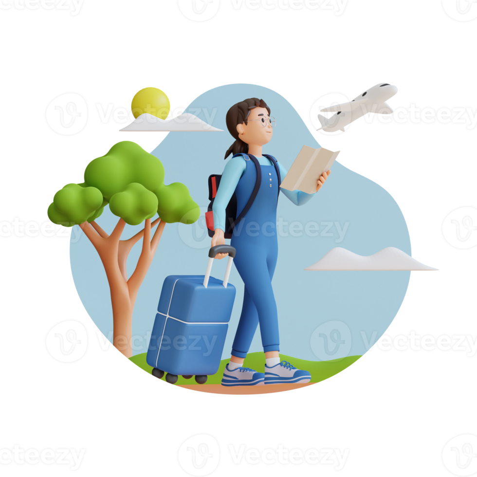 traveler girl walking with suitcase holding paper map 3d character illustration png