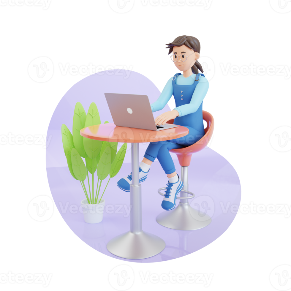 young girl using laptop while sitting on the chair 3d character illustration png