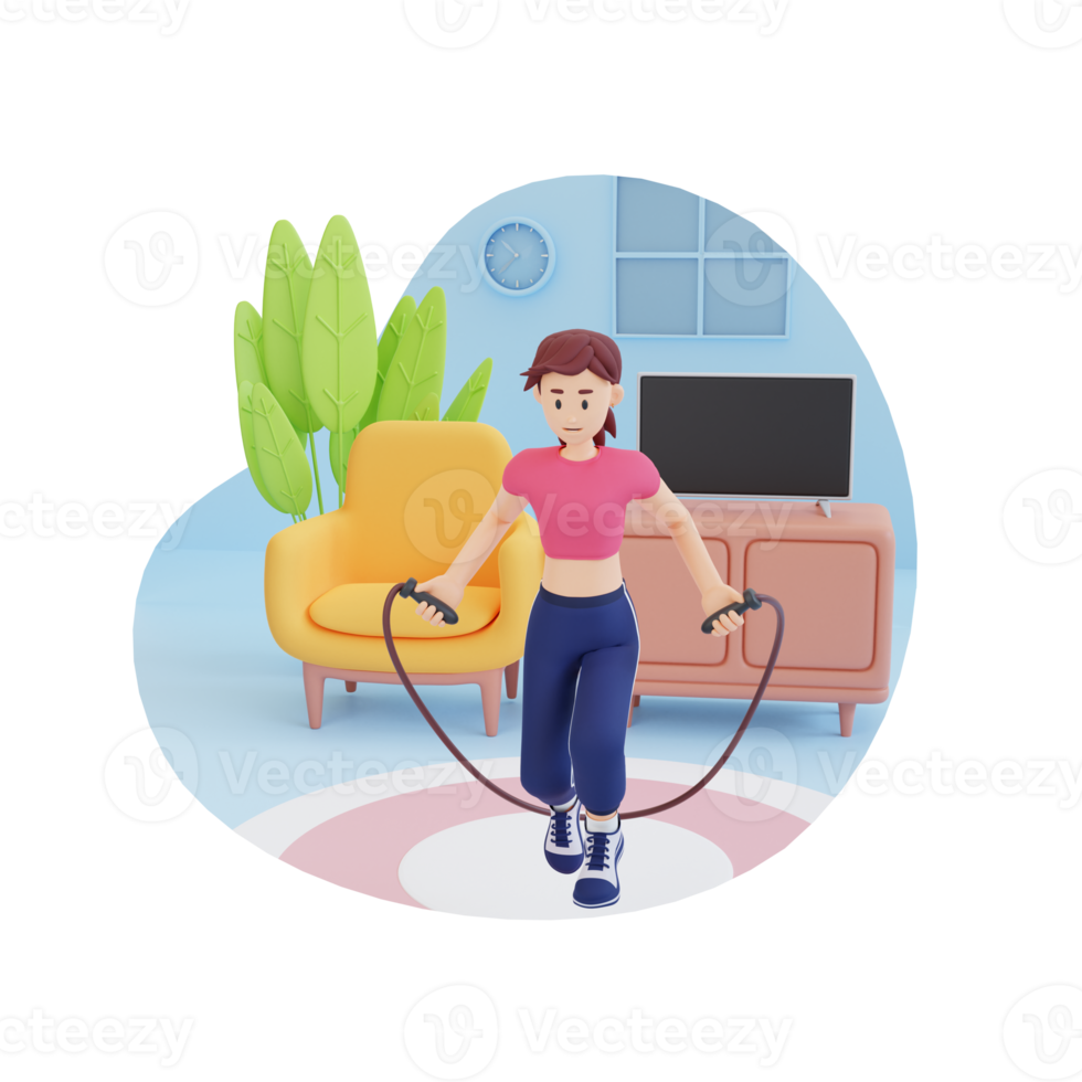 young woman exercising with jumping rope indoors 3d character illustration png